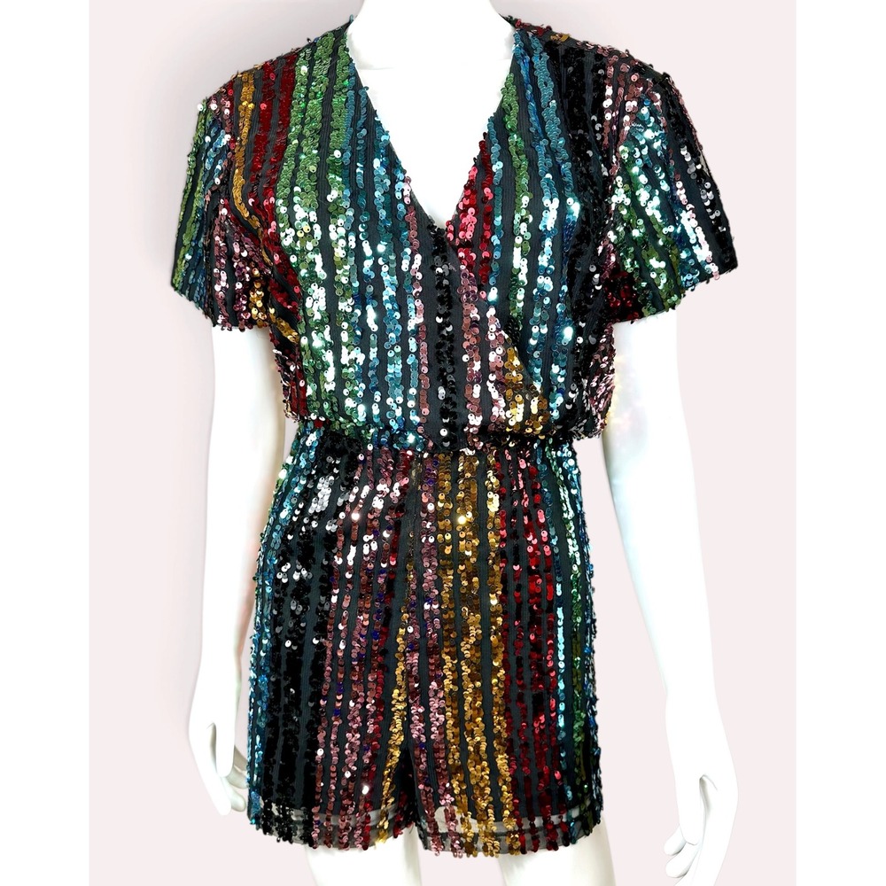 Vylette Rainbow Sequin Romper V-Neck Short Sleeve Multi Color Stripe Large